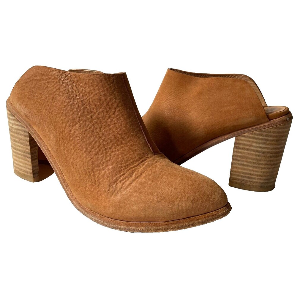 Wal & Pai Leather Mules Womens Size 9 Caramel Tan Block Heel Slides Shoes